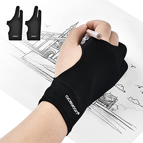 Artist Drawing Glove 3-Layer Palm Rejection [2 Pack Black] Right Left Hand  Digital Art Graphic Tablet iPad Gloves Two Finger Smooth Elasticity