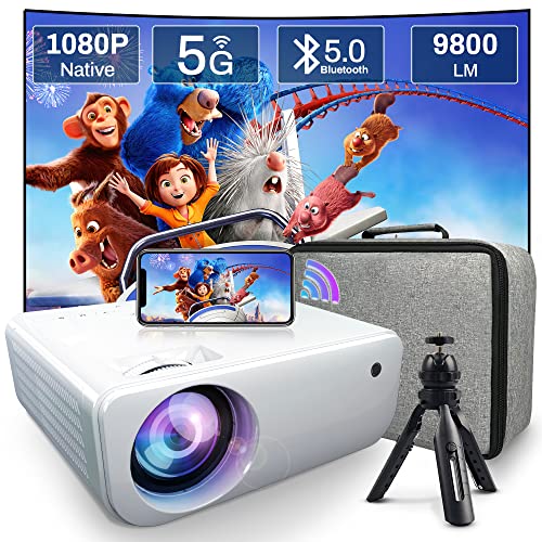 5G WiFi Native 1080P Outdoor Movie Projector, FINATI·CoolHut Wireless Projector with WiFi and Bluetooth, Mini Portable Projector with Carry Bag & Tripod Compatible with iPhone/PC/TV Stick/PS5(White)