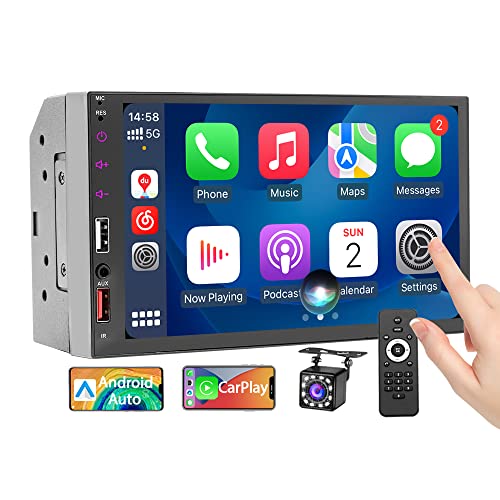 7 Inch Double Din Car Stereo with Apple CarPlay/Android Auto/Phone Mirror-Link, Touchscreen Radio Receiver with Bluetooth 5.1 Handsfree and Waterproof Backup Camera, FM USB AUX RCA Audio Video