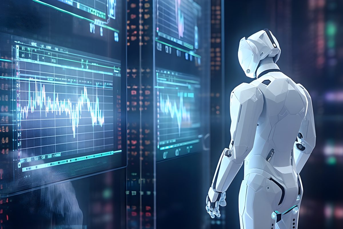 AI robot standing in front of graphs and financial data display on screen