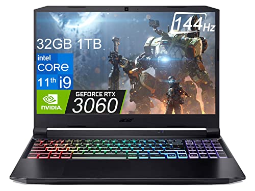 Acer Nitro 5 Gaming Laptop (15.6 inch FHD 144Hz IPS, Intel 8-Core i9-11900H, 32GB RAM, 1TB PCle SSD, GeForce RTX 3060 6GB), RGB Backlit, Webcam, WiFi, DTS:X Audio, Ray Tracing, Win 11 Home - Black