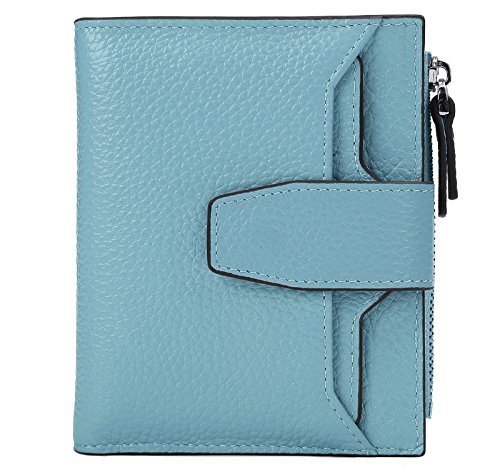 AINIMOER Women's RFID Blocking Leather Small Compact Bi-fold Zipper Pocket Wallet Card Case Purse with id Window (Lichee Gray Blue)