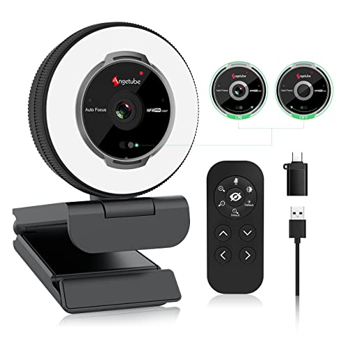 Angetube Streaming Webcam with Microphone: 1080P 60FPS USB Web Cam with Ring Light and Remote Control - HD Web Camera with 5X Digital Zoom Built in Privacy Cover,for PC|Computer|Laptop|Mac|Desktop
