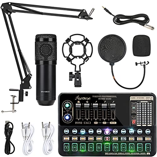 Asmuse Condenser Microphone Bundle BM-800 Streaming Equipment Mic Kit with Live Sound Card, Adjustable Mic Stand and Metal Shock Mount Podcast Microphone Kit for Recording/Broadcasting/Streaming
