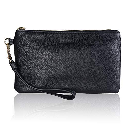 Black Leather Wristlet Clutch for Cell Phone and Wallet