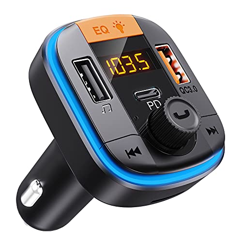 Bluetooth FM Transmitter for Car - Tensun Bluetooth Car Adapter PD20W+QC3.0 Cigarette Lighter Bluetooth 5.0 Radio Receiver Music Player Charger Car Kit Supports Hands-Free Call Siri Google Assistant