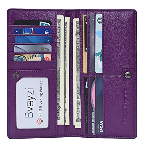 Bveyzi Ultra Slim Thin Leather RFID Blocking Credit Card Holder Bifold Clutch Wallets for Women (Purple)