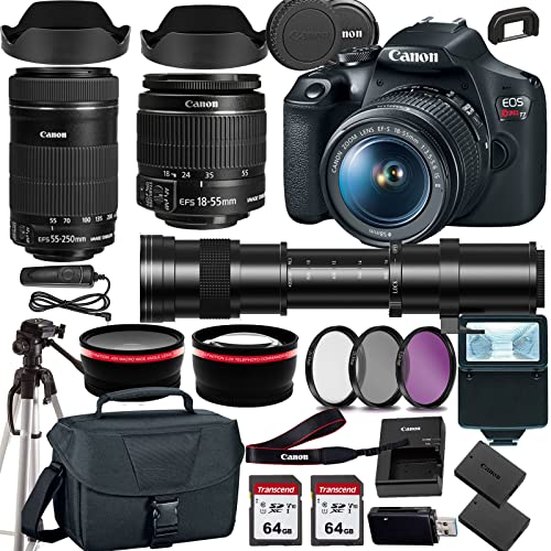 Canon EOS Rebel T7 DSLR Camera with 18-55mm+Canon EF-S 55-250mm f/4-5.6 is STM+420-800mm HD Telephoto Zoom Lens+case+128Memory Cards (24PC)
