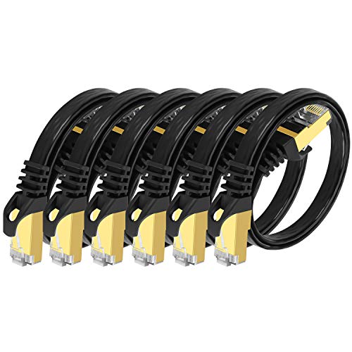 Cat 7 Ethernet Cable 1.5ft 6 Pack Shielded,Flat Ethernet Patch Cables - High Speed Internet Cable for Modem, Router, LAN, Computer - Compatible with Cat 5e,Cat 6 Network - Black