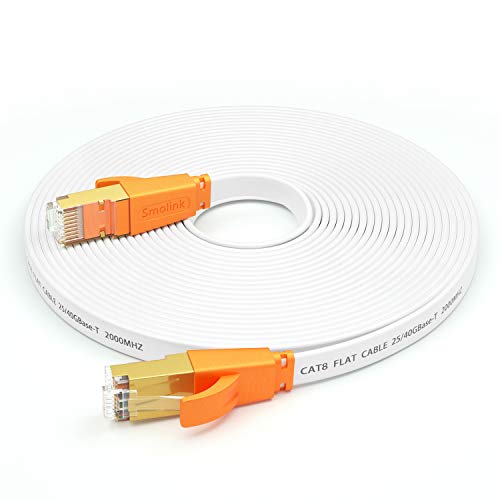 Cat 8 Ethernet Cable 20 Ft,High Speed Flat Internet Network LAN Cable,Faster Than Cat7/Cat6/Cat5 Network,Durable Patch Cord with Gold Plated RJ45 Connector for Xbox,PS4,Router, Modem,Gaming,Hub-White