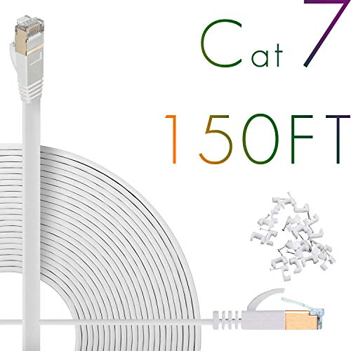 Cat7 Ethernet Cable 150ft Flat High Speed Shielded (STP) Solid Computer Network Cord with Snagless Rj45 Connectors Slim Durable Internet LAN Wire for Modem,Router.Faster Than Cat5e/Cat5/cat6(White) …