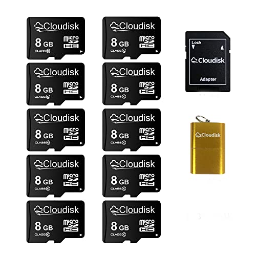 Cloudisk 8GB Micro SD Card Bulk Pack - U1 C10 MicroSDHC UHS-I with Adapter and USB Card Reader