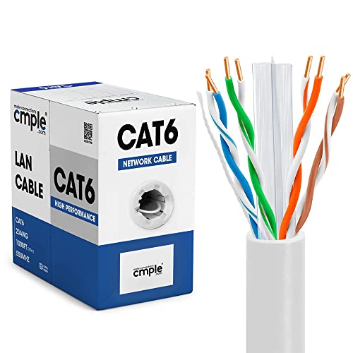 Cmple - Cat6 Cable 1000ft Bulk Lan Ethernet Cat 6 Wire Network UTP 23AWG CMR Riser 10Gbps 550 MHz Pull Box 1000 Feet, White