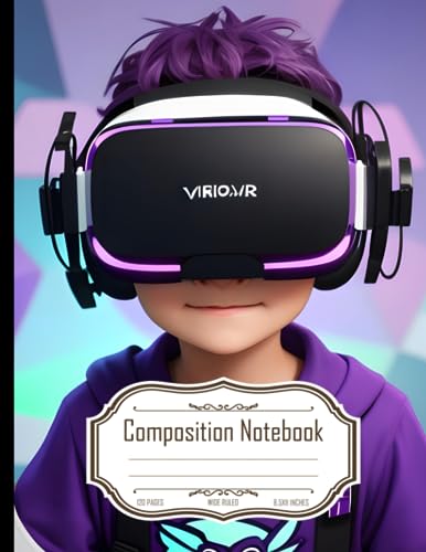 Composition Notebook Wide Ruled: Cute Purple Kid in VR Headset with Logo, Cartoon Outline, Size 8.5x11 Inches, 120 Pages