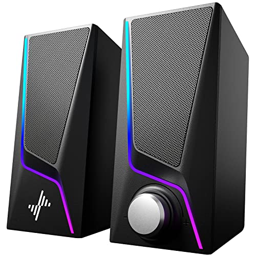 Computer Speakers, PC Speakers with 6 Colorful LED Modes, USB Powered Computer Speakers for Desktop with 2 Bass-Boost Ports, 2 Speaker Units and 3.5mm Aux-in Cable for PC, Laptop, Tablet, Phone