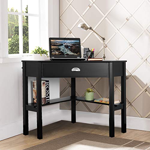 Corner Computer Desk Triangle with Drawer and Shelves
