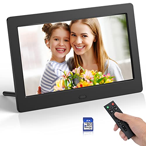 Digital Picture Frames 7 Inch IPS Screen Digital Photo Frame with Remote Control 16:9 Electronic Photo Albums 1080P Video Music 1280x800 Photo Slideshow Calendar 32GB Memory Card Black