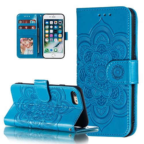 EYZUTAK Mandala Case for iPhone SE(5G) 2022 iPhone 7 iPhone 8 iPhone SE 2020, Premium Leather Flip Wallet Card Slots Magnetic Stand Ultra Slim Case with Lanyard, Embossed Flip Cover-Blue