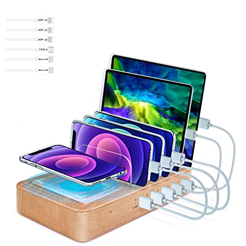 Fastest Charging Station for Multiple Devices, 5 USB Ports with 1 Qi Charging Pad, 6 Mixed Cable Included