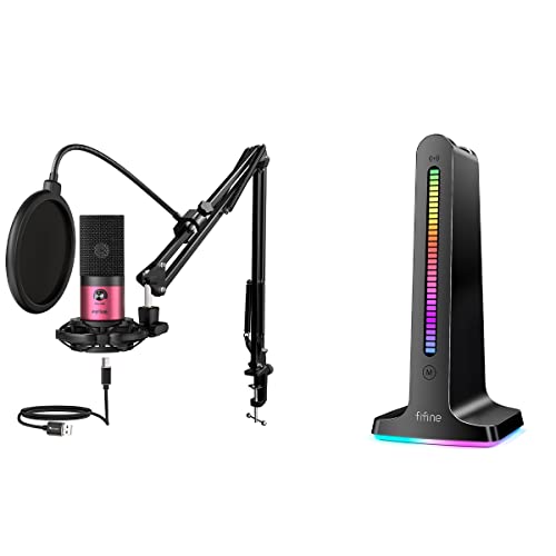 FIFINE RGB Headset Stand and Streaming Microphone, Gaming Headphones Holder with 2 USB Ports for Gamer, with Solid Base, Sound Light Sync, USB Podcast Microphone Kit for Gaming Voice-Over (S3+T669R)