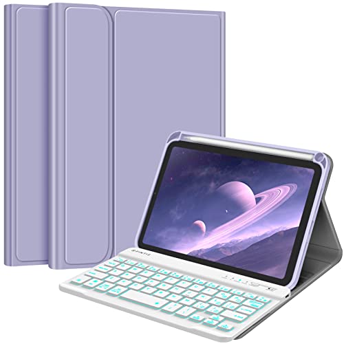Fintie Keyboard Case for iPad Mini 6 2021 (8.3 Inch), Soft TPU Back Cover with Pencil Holder & Magnetically Detachable Wireless Bluetooth Keyboard for iPad Mini 6th Generation, Backlight/Lilac Purple