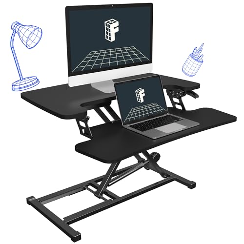 Teeter Sit-Stand Desk - Adjustable Height Ergonomic Workstation with Stool, Side Table, and Foot Platform.