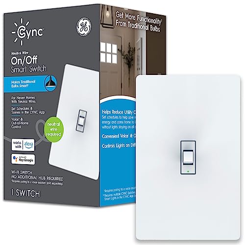 GE Lighting CYNC Smart Light Switch On/Off Toggle Style, Neutral Wire Required, Bluetooth and 2.4 GHz 4-Wire Wi-Fi Switch, Works with Alexa and Google Home