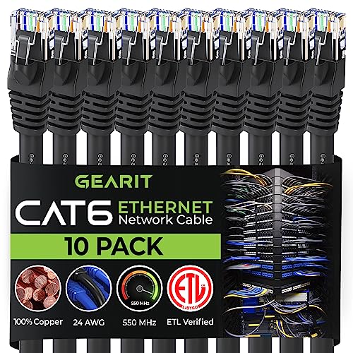 GearIT Cat6 Ethernet Cable 6ft (10-Pack) - Black