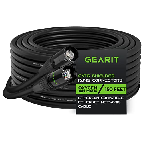 GearIT CAT6 Ethernet Cable, EtherCON-Compatible (150 Feet) RJ45 Connectors for Pro Audio, Aluminum Shielded, Oxygen Free Copper - 150 ft. - Black