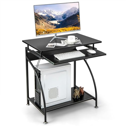 Giantex Computer Desk for Small Spaces, 27.5" Laptop Table with Pull-Out Keyboard Tray & Bottom Storage Shelf, Modern Computer Workstation with R-Shaped Legs, for Home Office, Bedroom (Black)
