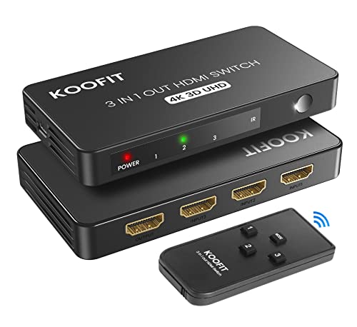 HDMI Switch 4K 60Hz, KOOFIT HDMI Switch Splitter 3 in 1 Out with Remote, Automatic HDMI Switch Box Supports 4K UHD 3D, HDMI Switcher for PS5, PS4, Fire Stick, Blu-Ray, Apple TV, Xbox, DVD, Roku, PC