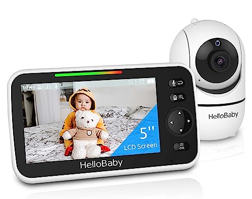 HelloBaby Monitor, 5''Sreen with 30-Hour Battery, Pan-Tilt-Zoom Video Baby Monitor with Camera and Audio, Night Vision, VOX, 2-Way Talk, Temperature, 8 Lullabies and 1000ft Range No WiFi, Ideal Gifts
