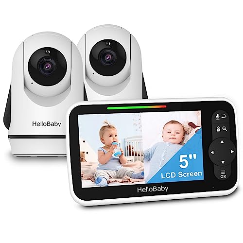 HelloBaby Video Baby Monitor with 2 Cameras and 5 Inch Split Screen Display, Remote Control Cameras with Night Vision and Temperature Monitoring