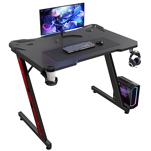 Homall Gaming Desk, Computer Desk with Carbon Fiber Surface, Gaming Table Z Shaped PC Gaming Workstation Home Office Desks with Cup Holder and Headphone Hook (32 inch, Black)