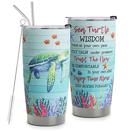 HOMISBES Sea Turtle Gifts for Women - Stainless Steel Sea Turtle Wisdom Tumbler Cup 20oz for Turtle Lover - Ocean Beach Themed Gifts For Women Novelty Turtle Mug With Lid Animal Lover Gift