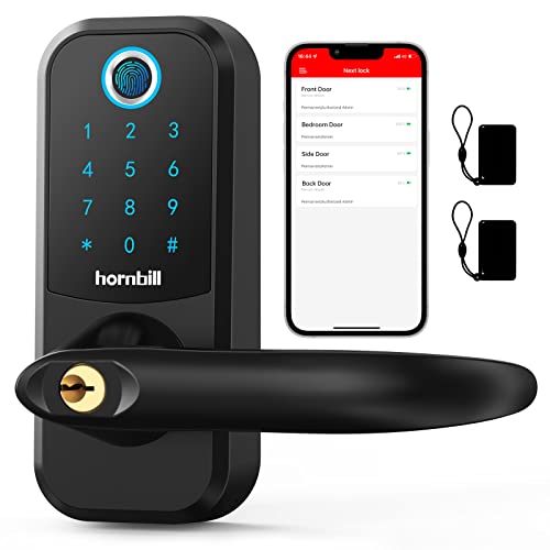 Hornbill Smart Lock Keyless Entry with Handle - Fingerprint Door Locks for Front Door - Keypad Electronic Digital Biometric Bluetooth Passcodes Alexa App Control Touch Screen Key Fobs - Airbnb Home
