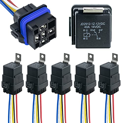 Hosyond 5 Pack 12V DC 40/30 AMP Waterproof Relay Harness Tinned Copper Wires 5-PIN SPDT Automotive Relay Car Relay
