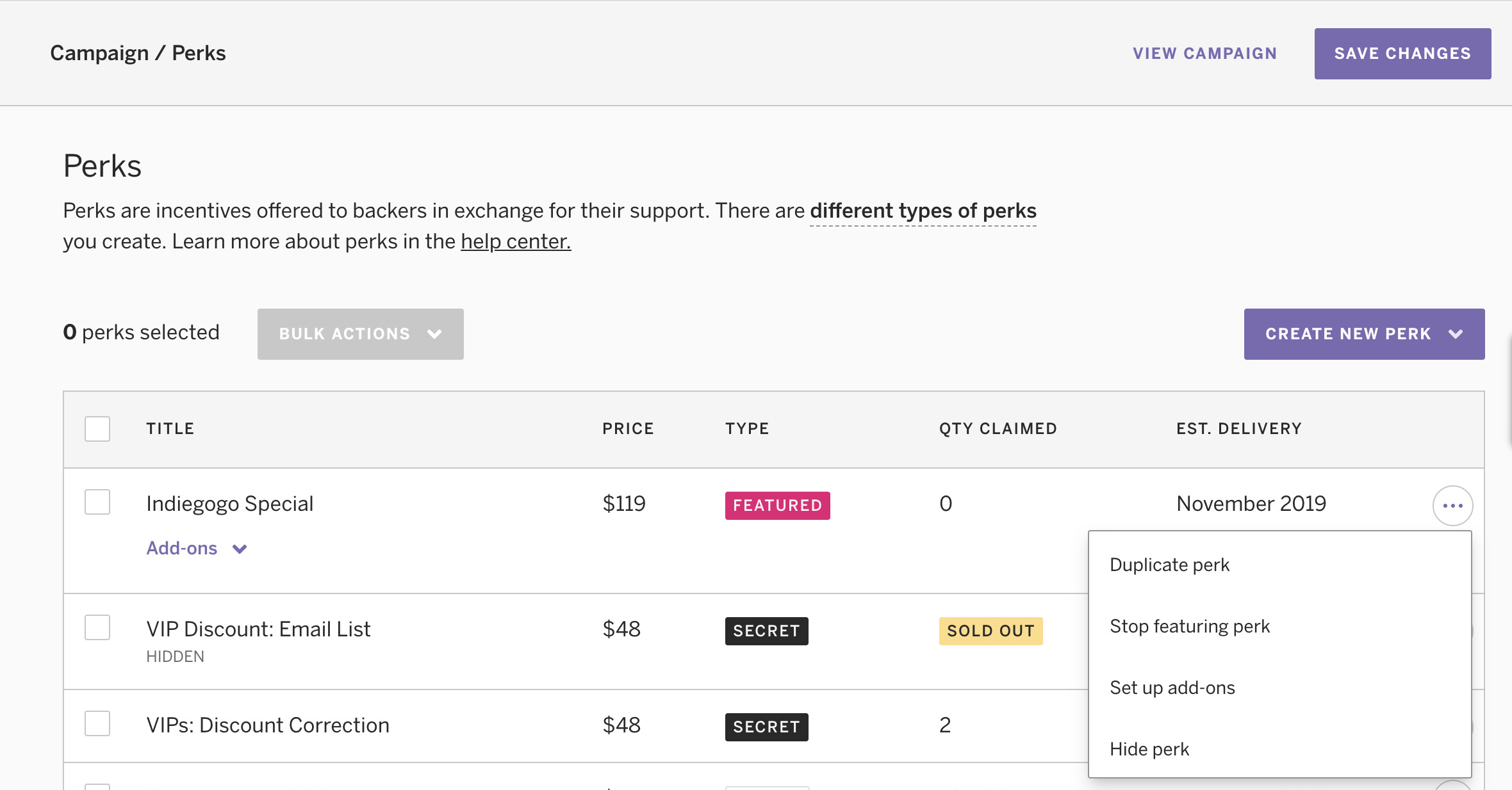 How To Set A Featured Perk On Indiegogo