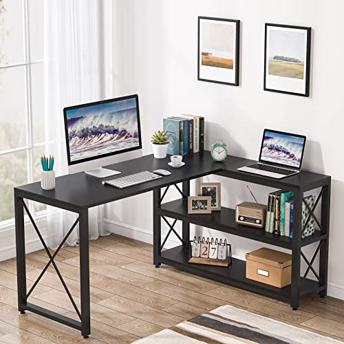 Industrial L-Shaped Desk with Storage Shelves
