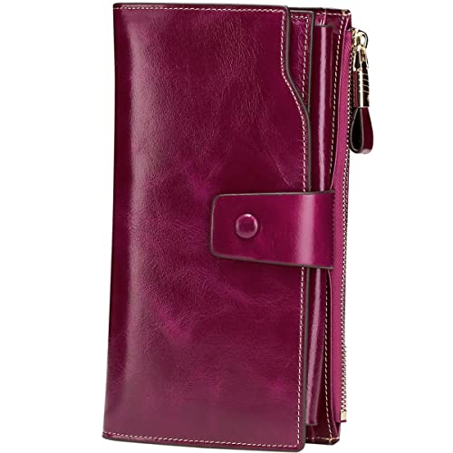 Itslife Womens Wallet RFID Blocking Large Capacity Luxury Wax Genuine Leather Wallets Clutch Wallet Ladies Card holder, Fuchsia