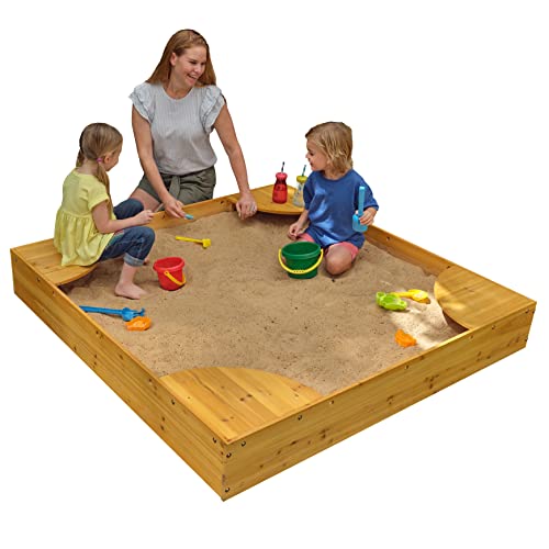 KidKraft Wooden Backyard Sandbox with Built-in Corner Seating and Mesh Cover, Kid's Outdoor Furniture, Honey, Gift for Ages 2-8