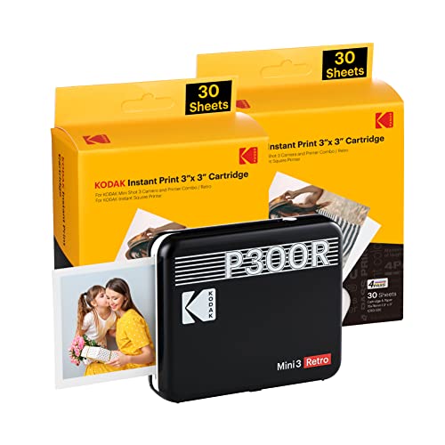 KODAK Mini 3 Retro 4PASS Portable Photo Printer (3x3 inches) + 68 Sheets Bundle, Black