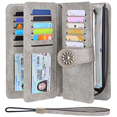 Lavemi Womens Large Capacity Genuine Leather RFID Blocking Wallets Wristlet Clutch Card Holder(1- Gray)