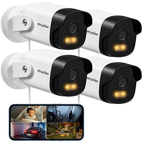 LaView Security Camera Outdoor with Color Night Vision,4MP Wired Cameras for Home Security,IP66 Waterproof Camera, 24/7 Live Video,2 Way Audio,Cloud Storage/SD Slot,Compatible with Alexa(4pcs)
