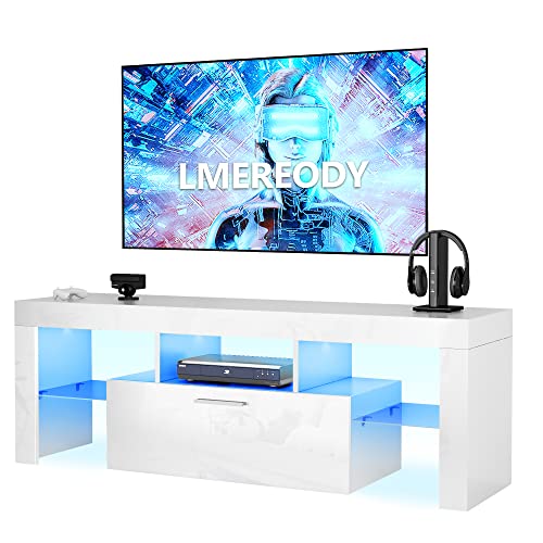 LED TV Stand with Storage, White Wood TV Console