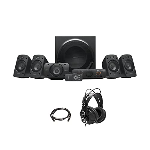 Logitech Z906 5.1 Surround Sound Speaker System Bundle with Closed-Back Studio Monitor Headphones and Stereo Plug/Plug M/M Cable (3 Items)