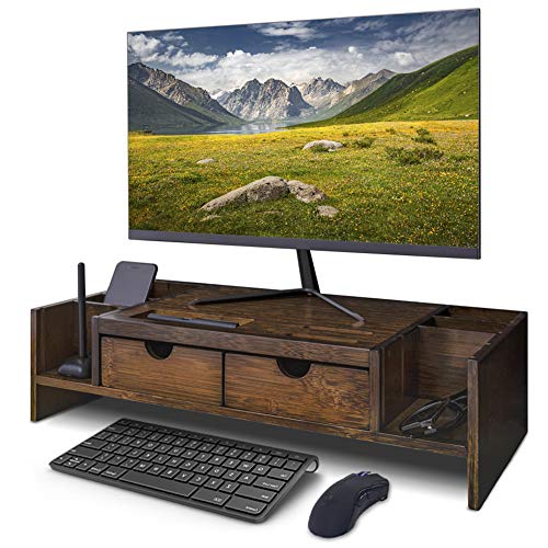 Luxury Bamboo Computer Monitor Stand Riser with Adjustable Storage Organizer & Drawers