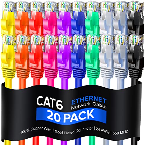 Maximm Cat 6 Ethernet Cable 3 Ft (20 Pack) - UTP (Multicolor)