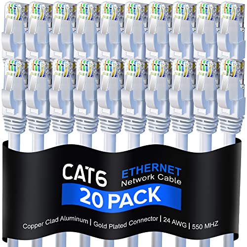 Maximm Cat 6 Ethernet Cable 6 Ft, (20-Pack) Cat6 Cable, LAN Cable, Internet Cable and Network Cable - UTP (White)