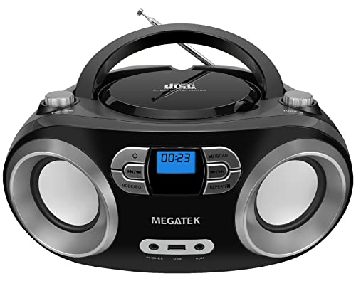 MEGATEK Portable Stereo CD Player Boombox with FM Radio, Bluetooth, USB, Aux-in and Headphone Jack, CD-R/RW and MP3 CDs Compatible, Clear and Balanced Sound, AC/Battery Operated - Black
